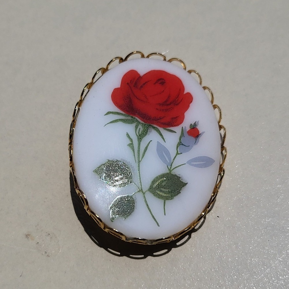 Vintage NOS Rose Floral Brooch White Red Gold Vintage Oval Pin